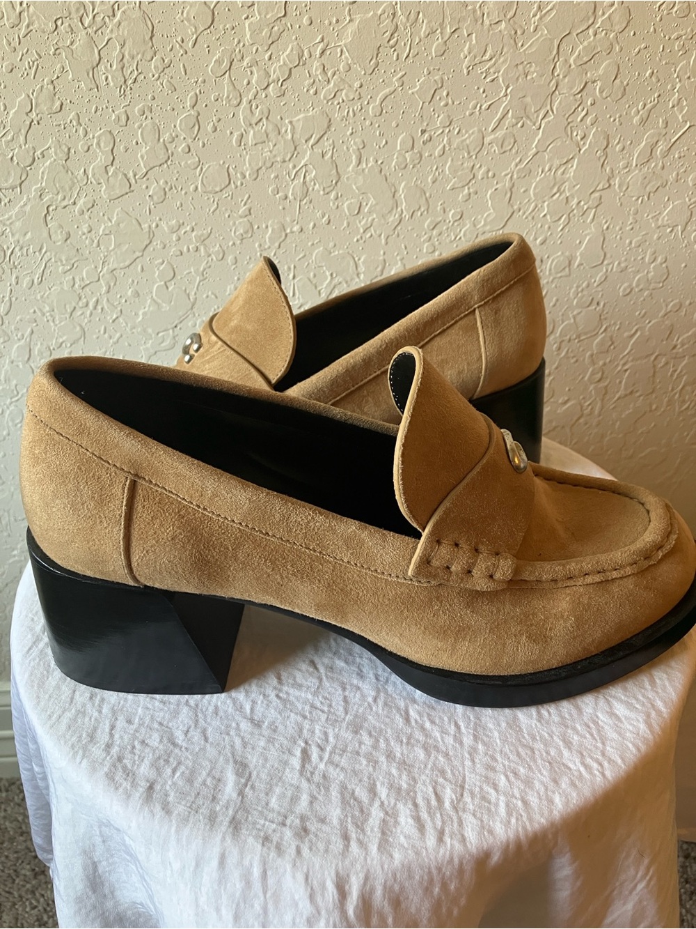 Coach: Tan Suede Natalie (CU227)  Block Heel Lug Loafers- 8.5